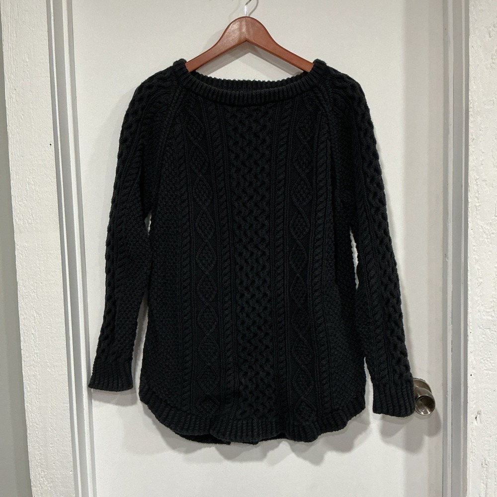 LL Bean Signature Fisherman's Cable Sweater, Knit Heavy Cotton, Black, Large
